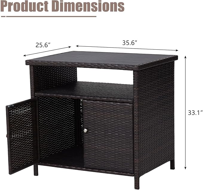 Wicker Outdoor Bar Table with Aluminum Tabletop - Outdoor Storage Cabinet Weather-Proof Rattan Bar Counter Table with Two Doors for Outdoor Cushions, Pool Toys and Garden Tools