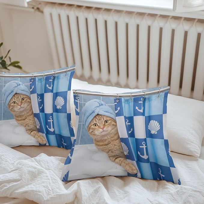 Bathing Cat Waterproof Outdoor Pillow Covers Set of 2 Home Decor, Funny Animal Showering Pillowcase Patio Pillow Covers for Couch Bench Patio Furniture Garden 18x18in