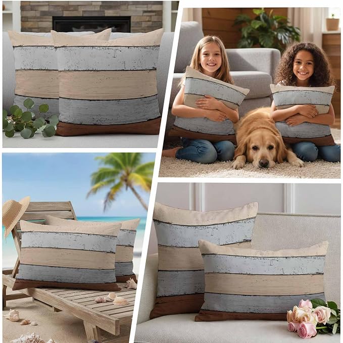 Outdoor Throw Pillow Covers 16X16 Set of 2 Waterproof Ombre Ground Color Brown Grey Decorative Zippered Cushion Covers for Patio Furniture,Lumbar Pillowcases Farmhouse Retro Rustic Barn Wood Texture