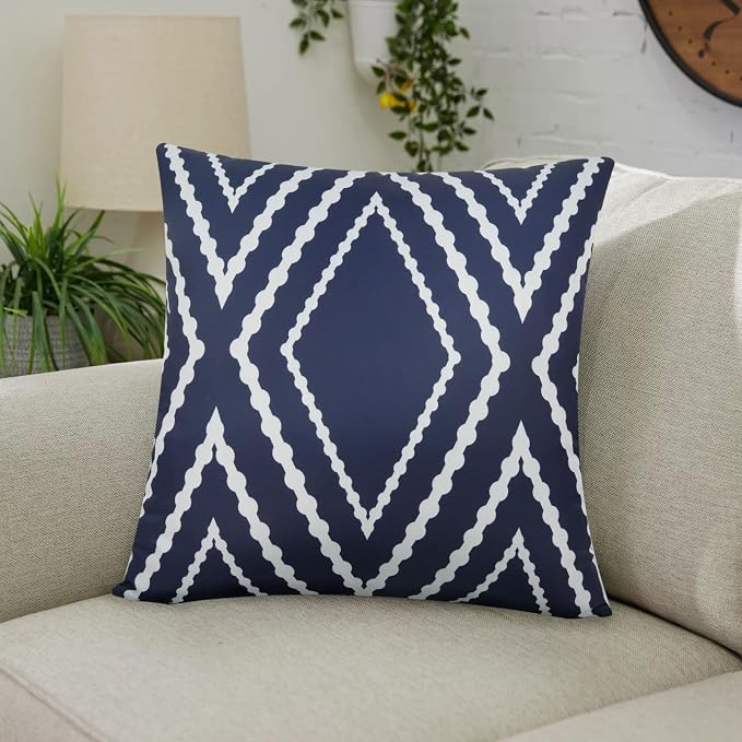 Adabana Outdoor Waterproof Pillow Covers 16x16 Navy Blue | Geometric Decorative Throw Pillow Covers Set of 2 for Patio, Garden, Porch, Farmhouse