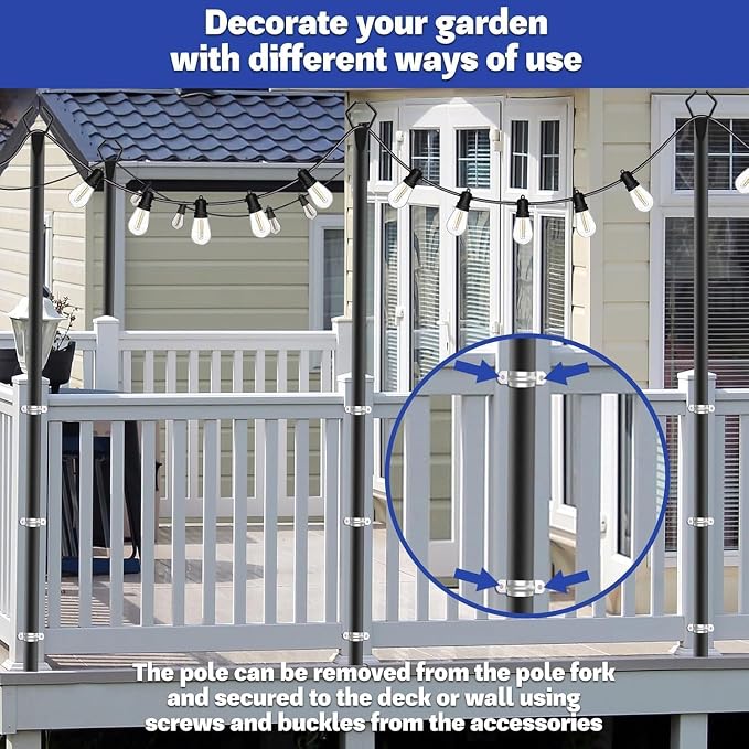 8 Pack 10 ft Heavy Duty Metal String Light Poles Adjustable Outdoor Lighting Stand for Patio,Backyard,Garden,Party & Wedding Rustproof & Sturdy with Hooks