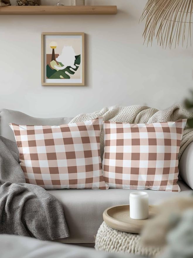 Waterproof Outdoor Pillow 1 Pack Brown Buffalo Plaid Decorative Throw Pillows Cover & Insert 16x16 Inch Pillowcase Check Lines Square Pillows for Couch Sofa Bed Patio Furniture Indoor Outdoor