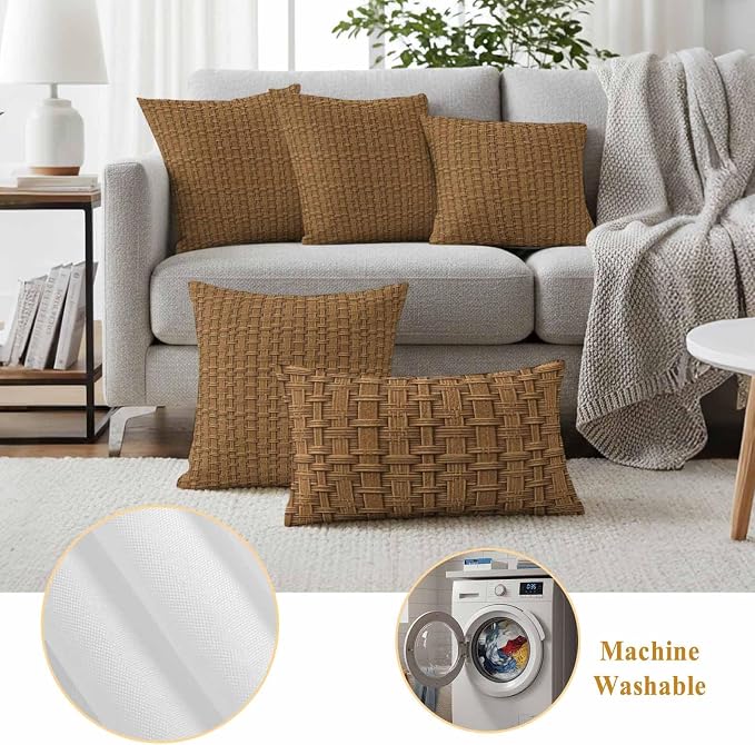 Vintage Rattan Waterproof Outdoor Pillow Covers 20''x12'' Set of 2, Minimalist Abstract Wicker Texture Brown Patio Furniture Cushion Covers for Chairs, Decorative Pillow Cases for Garden/Pool/Beach