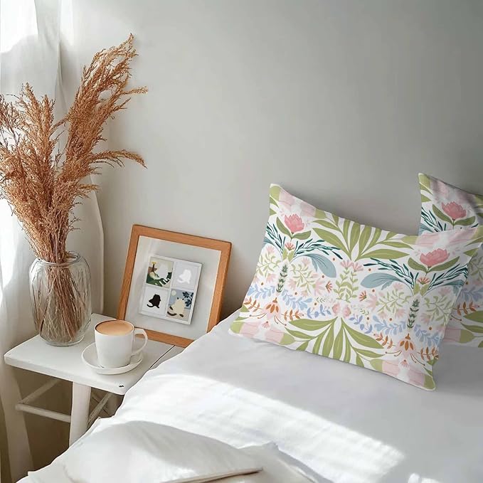 Outdoor Pillow Covers Waterproof, Green Blue Pink Floral All Weather Cushion Case Set of 2, Rustic Ethnic Boho Flowers Botanical Lumbar Pillowcase for Sofa Couch Bed Decor Patio Furniture 20"x12"