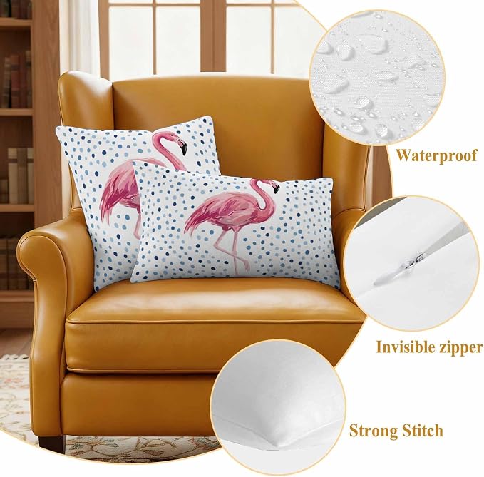 Flamingo Outdoor Waterproof Throw Pillow Covers 16 x 16 Inches Set of 2 Art Flamingo Blue Polka Dots Summer Tropical Decorative Cushion Cover Pillowcase for Garden Patio Tent Beach Sofa Couch