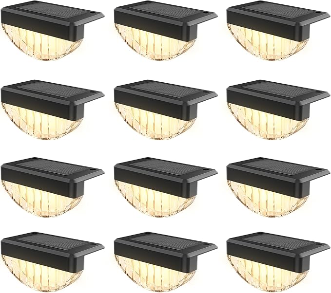 VOLISUN 12 Pack Solar Deck Lights Outdoor, Warm White LED Solar Step Lights for Outside, Waterproof Fence Light for Patio, Deck, Stairs, Yard, Pool and Porch (Black)