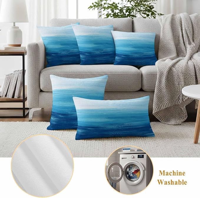 Outdoor Waterproof Throw Pillow Covers, Sky Blue Coastal Decorative Pillow Cases, Nautical Modern Ocean Wave Couch Pillow Protector Patio Sofa Cushion Covers Replacement 18"x18" 2 Pack