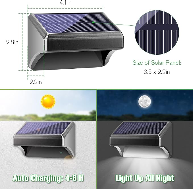 Bridika Solar Fence Lights Warm White & White, Solar Outdoor Wall Lights, Fence Solar Lights Outdoor Waterproof for Step, Backyard, Fence, Wall, Patio, Deck Railing, Stair (4 Pack)