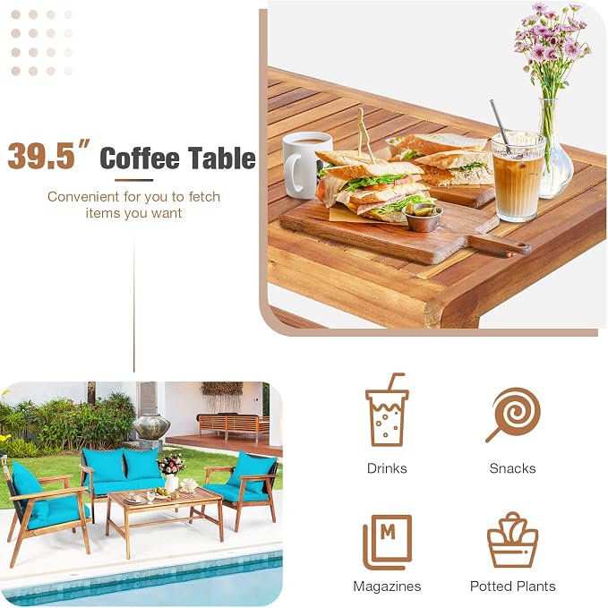 HAPPYGRILL 4-Piece Outdoor Rattan Sofa Set Acacia Wood Frame Conversation Set with Coffee Table, Sectional Furniture Set with Cushions for Backyard Porch Garden Poolside Balcony