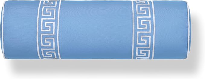 Hofdeco Premium Coastal Hampton Patio Indoor Outdoor Bolster Pillow Cover Only, 8"x24" Water Repellent for Backyard, Couch, Poolside, Azure Blue Embroidered Greek Key