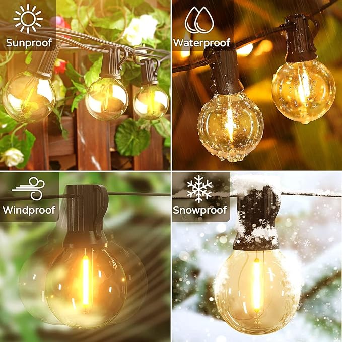 OHLUX Outdoor String Lights, 55FT Shatterproof LED Patio Lights with 26 Dimmable Plastic G40 Bulbs, 2200K Waterproof Connectable Hanging String for Backyard Cafe Porch Deck E12 Base