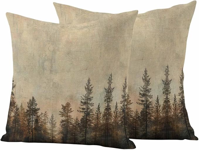 Outdoor Waterproof Pillow Covers 16x16Inch Vintage Forest Pine Tree Plant Throw Pillowcases for Patio Garden Couch Sofa Retro Natural Wild Scenery Decorative Cushin Case,Pack of 2
