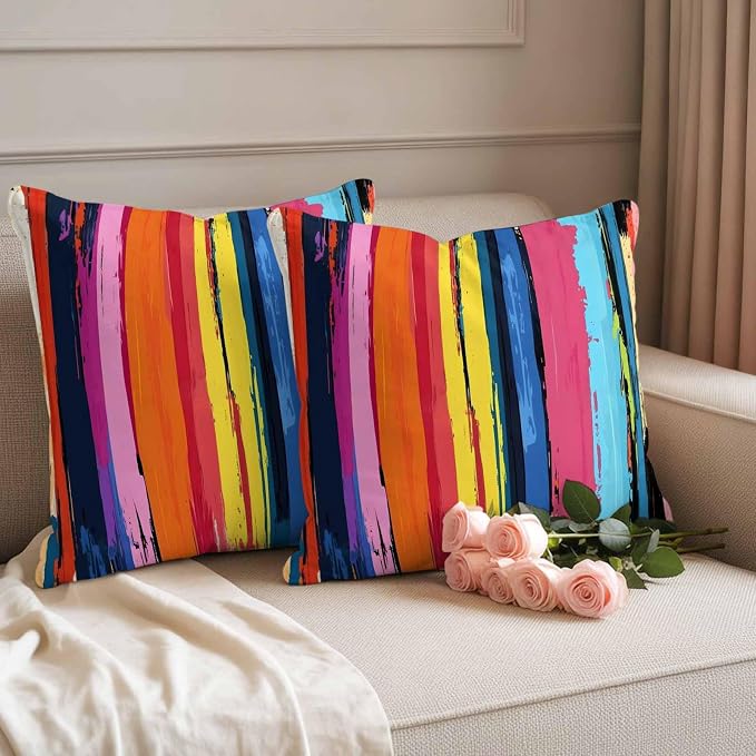 Rainbow Stripe Graffiti Outdoor Pillow Covers Set of 2 Oil Painting Striped Modern Art Waterproof Throw Pillow Cover Decorative Cushion Cases for Patio Porch Garden 24X24 Inch