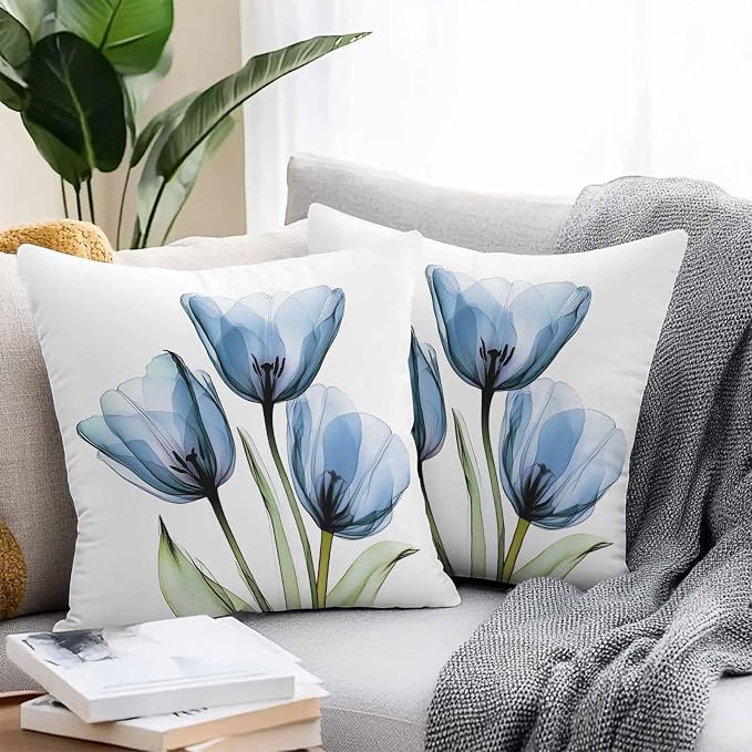 Rustic Blue Tulip Outdoor Pillow Covers 20x20in Pack of 2 Waterproof Pillowcase Watercolor Farmhouse Flower Decorative Throw Cushion Case for Patio Couch Sofa