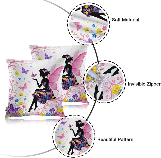 Swono Pillow Covers 18X18 Inch Set of 2 Butterfly Girl, Throw Pillow Cases Fairy Woman Butterflies Flowers Pillowcase Cushion Cover Decorative for Indoor Outdoor Home Sofa Bedroom Livingroom, Pink