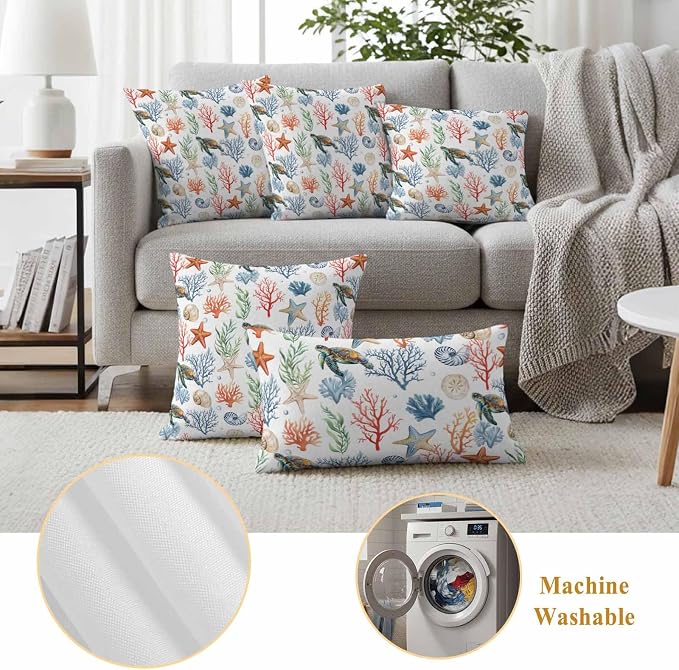 Summer Ocean Outdoor Waterproof Pillow Covers Pack of 2, Nautical Coastal Sea Turtles Shells Corals Starfish Decorative Throw Pillowcases Cushion Covers for Garden Patio Tent Sofa Couch, 20x12 inch