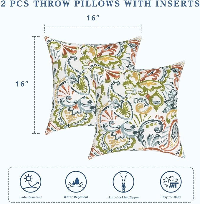 LVTXIII Outdoor Throw Pillows 16x16 Inch, Set of 2 Square Decorative Pillows with Inserts for Patio Furniture, Porch Chair, Garden Sofa, Paisley Botanical