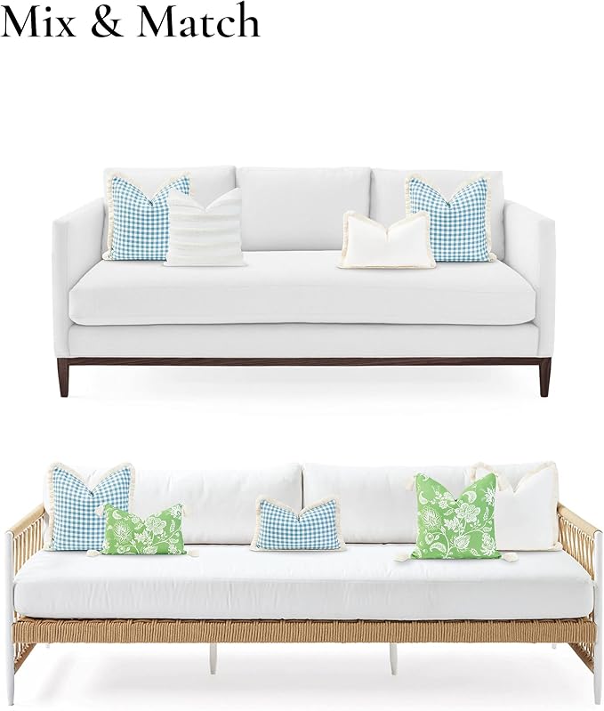 Hofdeco Premium Coastal Hampton Style Patio Indoor Outdoor Pillow Cover Only, 20"x20" Water Resistant for Backyard, Couch, Baby Blue Gingham Fringe
