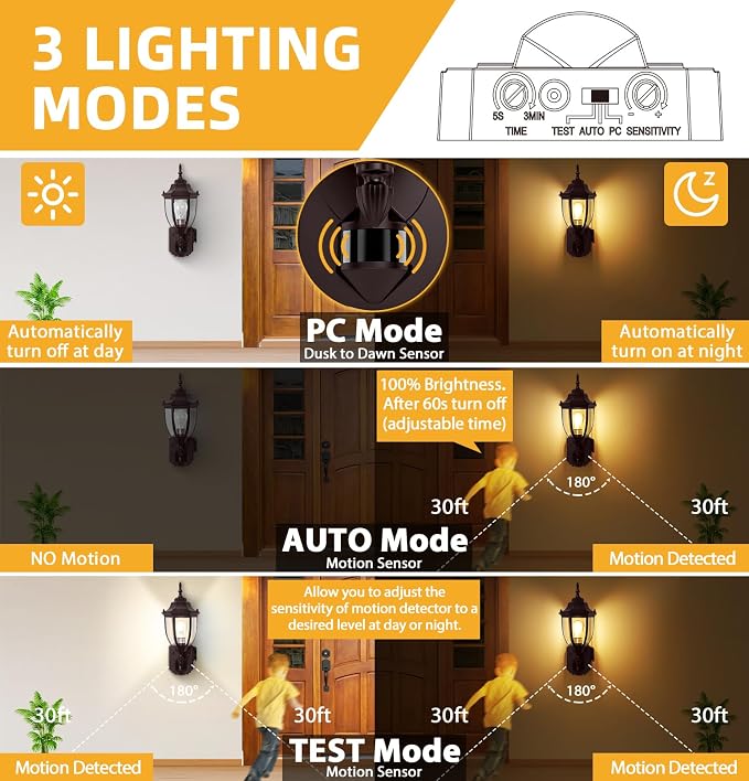 Porch Lights with Outlet, Bronze Motion Sensor Outdoor Lights, Updated Dusk to Dawn Exterior Lighting Fixtures, Waterproof Anti-Rust Aluminum Outside Light for House Entryway Garage