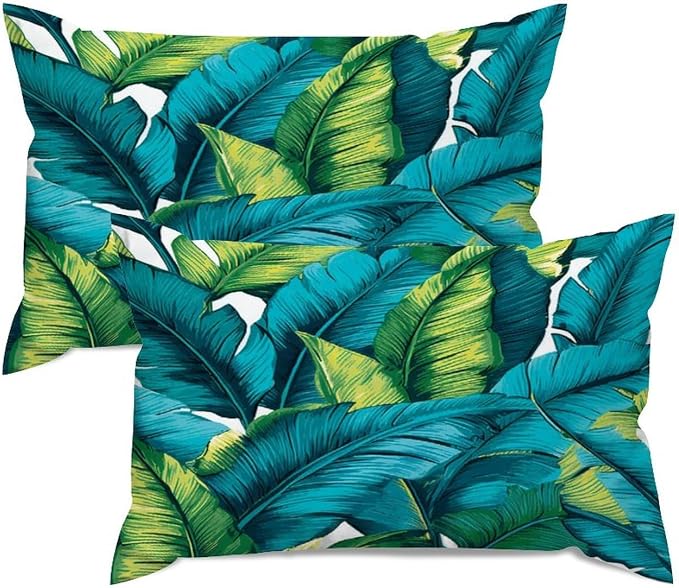 Set of 2 Turquoise Lime Green Teal Blue Aqua Tropical Plants Pillow Cases 12x18in Cushion Covers Farmhouse Pillows Covers for Couch Living Room Office Soft Rectangle Accent Pillowcase for Kids