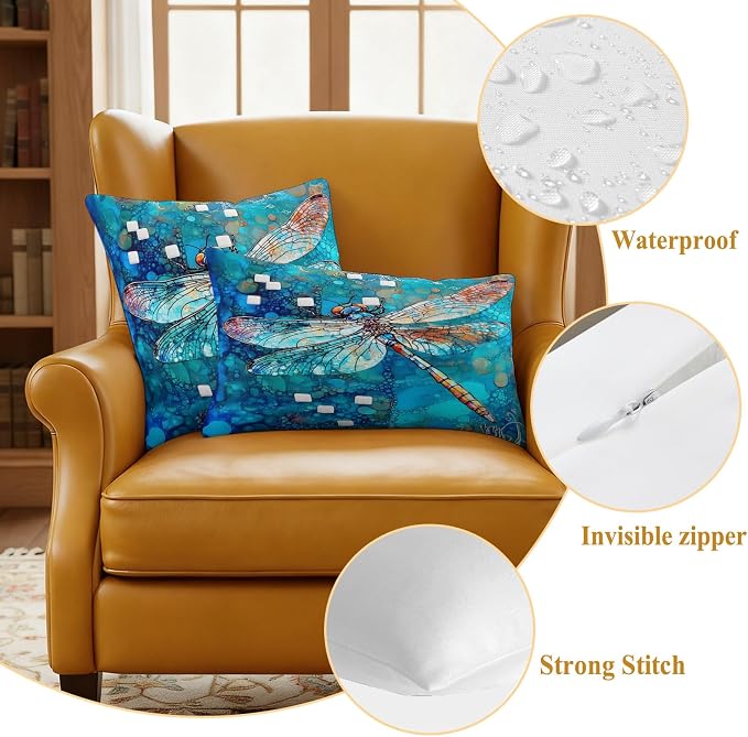 Blue Dragonfly Outdoor Pillow Covers Set of 2 Country Vintage Watercolor Dragonfly Wings Waterproof Throw Pillow Cover Decorative Cushion Cases for Patio Porch Garden 20X12 Inch