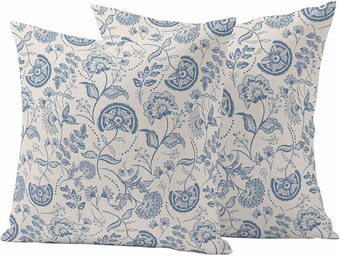 Outdoor Pillow Covers 26x26 Set of 2, Blue Paisley Waterproof Patio Throw Pillow Covers for Couch Sofa Chair, Vintage Boho Flower Botanical Leaf Branch Decorative Pillowcases for Throw Pillows