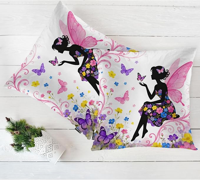 Swono Pillow Covers 18X18 Inch Set of 2 Butterfly Girl, Throw Pillow Cases Fairy Woman Butterflies Flowers Pillowcase Cushion Cover Decorative for Indoor Outdoor Home Sofa Bedroom Livingroom, Pink