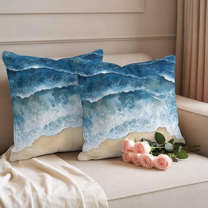 Abstract Waves Outdoor Waterproof Throw Pillow Covers Set of 2, 16"x16", Blue Ocean Spray Beach Watercolor Decorative Pillow Covers Outside Cushion Case for Patio Porch Garden
