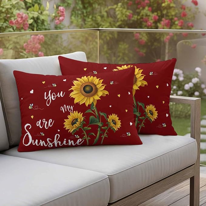 You Are My Sunshine Outdoor Pillow Covers Set of 2 Vintage Country Yellow Sunflower Floral Bees Heart Red Waterproof Throw Pillow Cover Decorative Cushion Cases for Patio Porch Garden 20X12 Inch