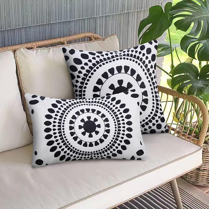 Merrycolor Set of 2 Outdoor Waterproof Throw Pillow Covers 12 * 20 Black and White Pillow Covers Floral Decorative Square Pillowcases Farmhouse Boho Outdoor Pillows for Patio Furniture
