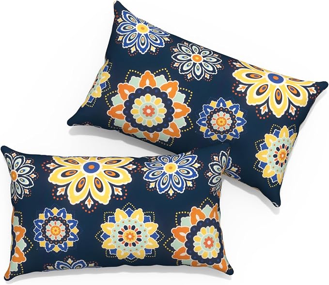 Outdoor Lumbar Pillows with Insert 12x20 Inch, Waterproof Throw Pillow for Patio Furniture, Decorative Lumbar Cushions for Garden Home Sofa Office Chair, Set of 2, Bloom Medallion‌Cobalt