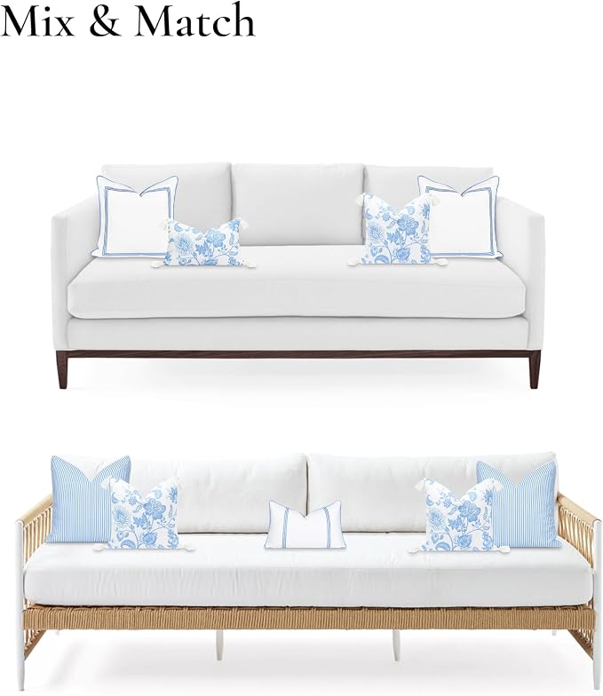 Hofdeco Premium Coastal Patio Indoor Outdoor Pillow Cover Only, 18"x18" Water Repellent for Backyard, Couch, Cornflower Blue Floral Tassel