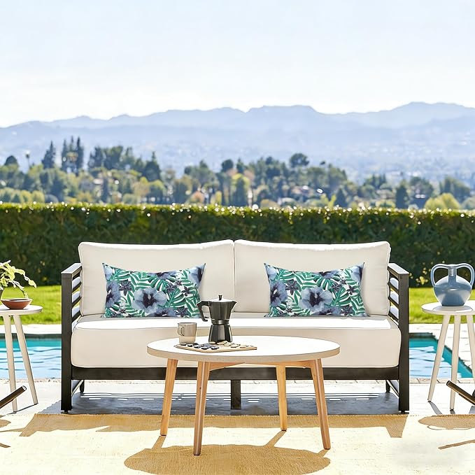 LVTXIII Outdoor Lumbar Pillow Covers, Patio Decorative Lumbar Pillow Cases ONLY, Fluffy Fade-Resistant Lumbar Cushion Cases for Home Balcony and Garden, 12x20 Inch, Pack of 2, Blue Salmone Tropical