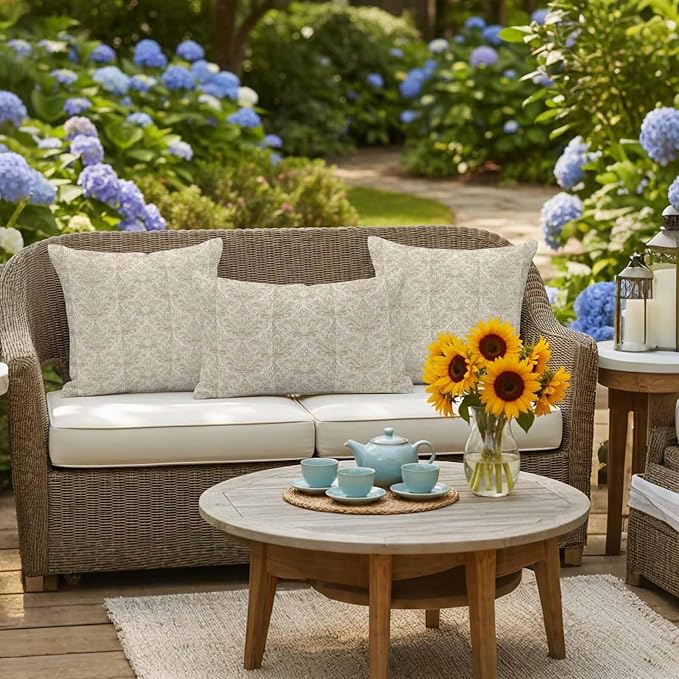 Beige Baroque Waterproof Outdoor Pillow Covers Set of 2 Home Decor, Farmhouse Scroll Floral Pattern Art Pillowcase Patio Pillow Covers for Couch Bench Furniture Garden 24x24in