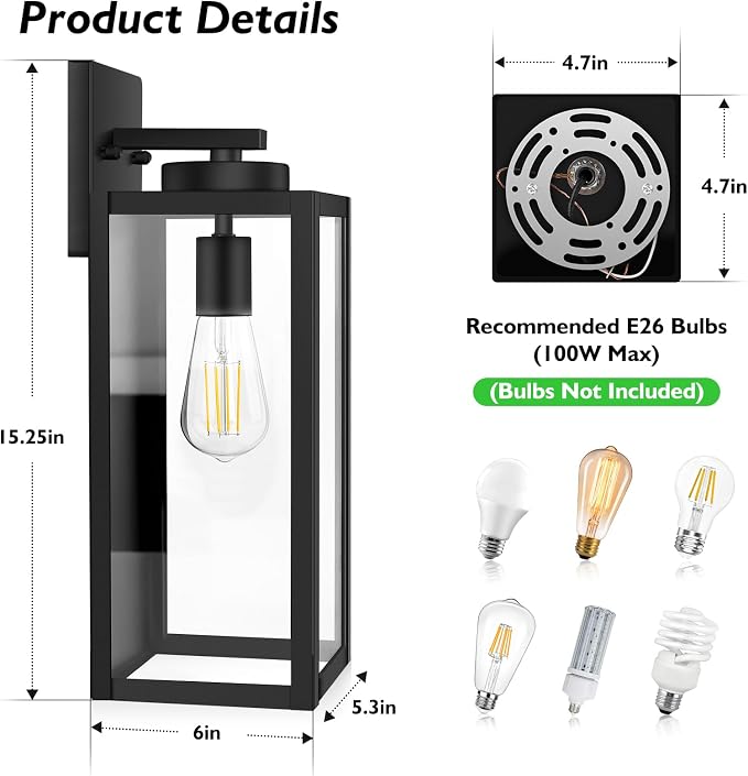 BesLowe 15” Large Outdoor Wall Light Fixture, Exterior Porch Sconce, Black | Waterproof, Rust-Resistant, Durable Metal with Clear Glass, Standard E26 Socket, Easy to Install
