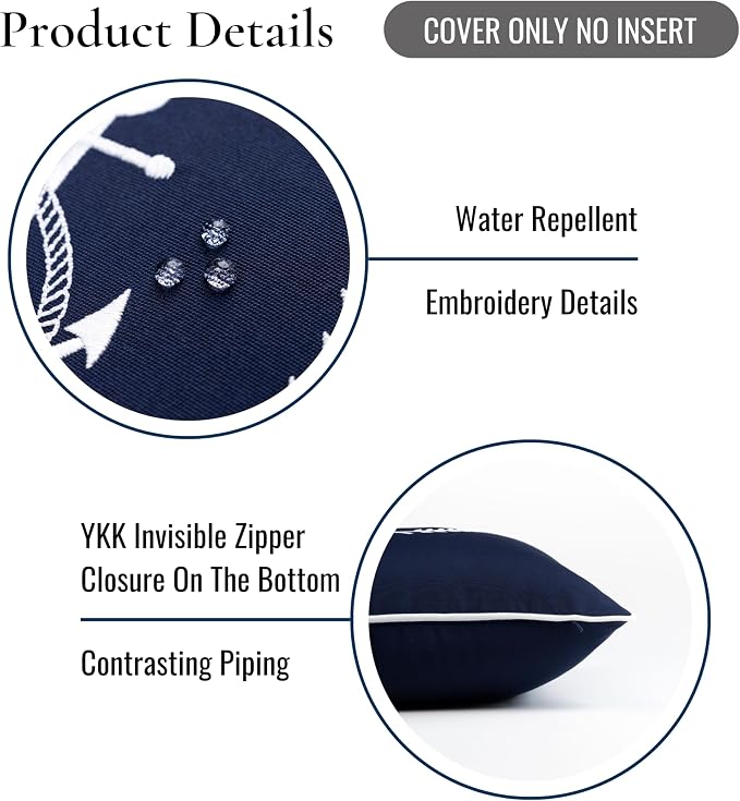 Hofdeco Premium Coastal Outdoor Performance Throw Pillow Cover Only, 18"x18" Water Repellent, UV and Fade Resistant for Backyard, Couch, Poolside, Navy Blue Embroidered Nautical Yacht Anchor