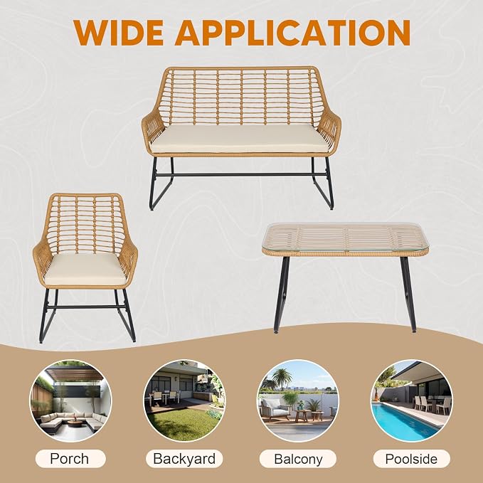 4 Piece Outdoor Wicker Patio Conversation Bistro Set, Rattan Patio Furniture Set with Table and Cushions, Conversation Loveseat Chairs for Backyard, Balcony, Beige