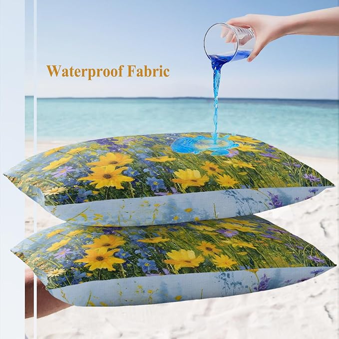 Outdoor Waterproof Pillow Covers for Patio Rustic Landscape Decorative Throw Pillow Cover Spring Wildflower Floral Yellow Blue Purple Pillowcases Set of 2 Cushion Case for Sofa Couch Chair 12x20 Inch