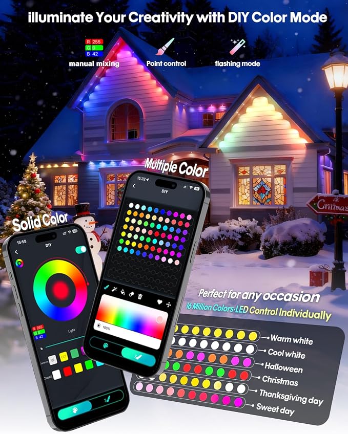 Super RGB Permanent Outdoor Lights 200FT, Smart RGB+IC Eave Lights with Remote APP Control, DIY LED Color Individual, White & Colorful Christmas String Light, IP67 Waterproof for House Outside Decor