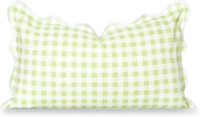 Hofdeco Premium Grandmillennial Coastal Hampton Patio Indoor Outdoor Lumbar Pillow Cover Only, 12"x20" Water Repellent for Backyard, Couch, Poolside, Grass Green Print Gingham