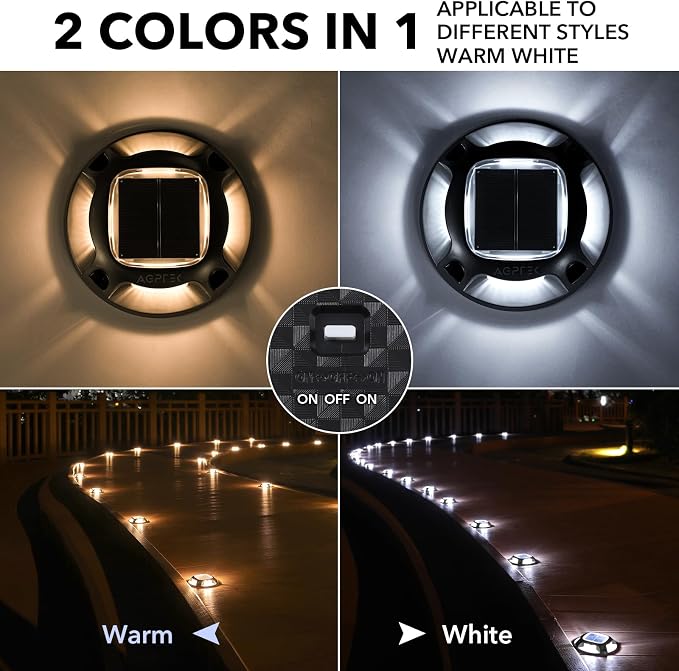 AGPTEK Solar Driveway Lights Outdoor 12 Pack, 2 Color Modes LED Deck Dock | Marine Waterproof Driveway Marker Lights for Step Sidewalk Stair Garden Pathway Walkway Yard (Warm White/Cool White, Black)