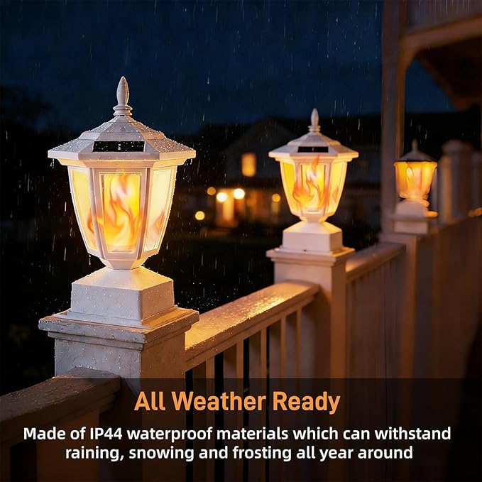 Dynaming 2 Pack Solar Flame Post Lights Outdoor, Solar Powered Lamps Fence Post Cap Lights, Flickering Flame LED Lantern Waterproof for Garden Deck Patio, Fit 4x4, 5x5 or 6x6 Wooden Posts, White Shell