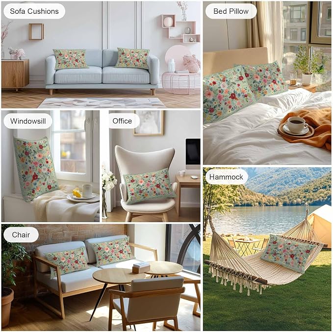 Vandarllin Outdoor Throw Pillows Covers 20x12 inch Set of 2 Waterproof Sage Green Floral Decorative Zippered Cushion Covers for Patio Furniture, Farmhouse Vintage Flower Lumbar Pillowcases