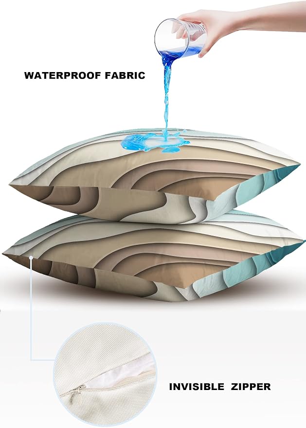 Modern Geometric Outdoor Waterproof Pillow Covers for Patio Furniture Decorative Throw Pillow Cover Teal Blue Brown Abstract Ocean Wave Pillowcases Set of 2 Cushion Case for Sofa Couch 24 x 24 Inches