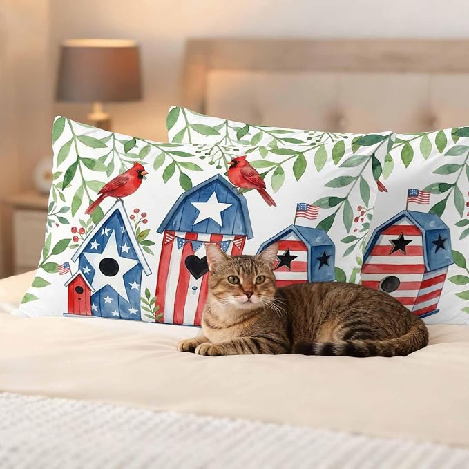 American Flag Bird House Outdoor Pillow Covers Waterproof, All Weather Cushion Case Set of 2, Green Eucalyptus Leaves 250th Lumbar Pillowcase for Sofa Couch Bed Decor Patio Furniture 20"x12"