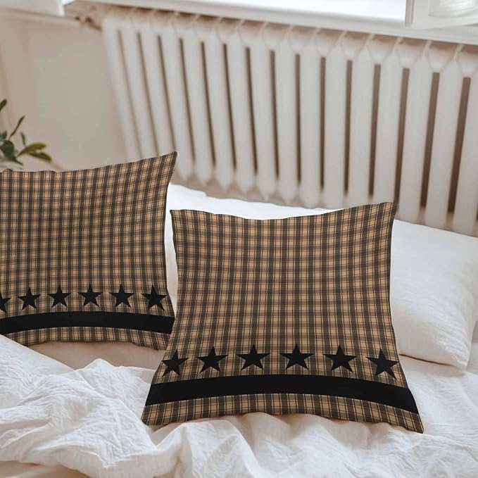 Brown Black Plaid Waterproof Outdoor Pillow Covers Set of 2 Home Decor Vintage Rustic Star Buffalo Check Pillowcase Patio Pillow Covers for Couch Bench Furniture Garden 18x18in