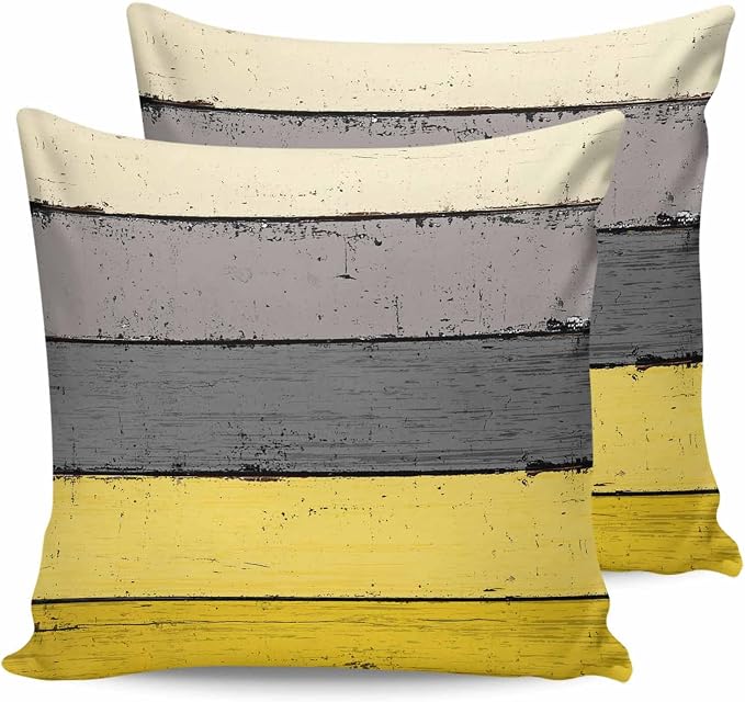 Outdoor Throw Pillow Covers 26X26 Set of 2 Waterproof Ombre Lemon Yellow and Gray Decorative Zippered Cushion Covers for Patio Furniture, Farmhouse Retro Rustic Barn Wood Texture Lumbar Pillowcases