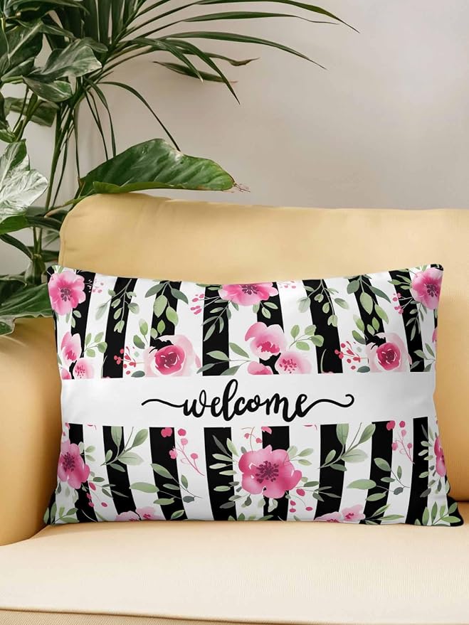 Outdoor Waterproof Throw Pillows Welcome Words Pink Flowers Patio Pillows,Decorative Pillow Covers with Insert,Pillow Cushion Case for Garden Couch Sofa Country Black Line