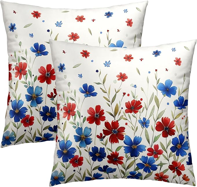 Blue Red Floral Pillow Covers Set of 2-22x22 Inch Summer Wildflower Leaves Patriotic Festival Decorative Square Throw Pillowcases for Sofa Bed Couch Porch Home Decoration