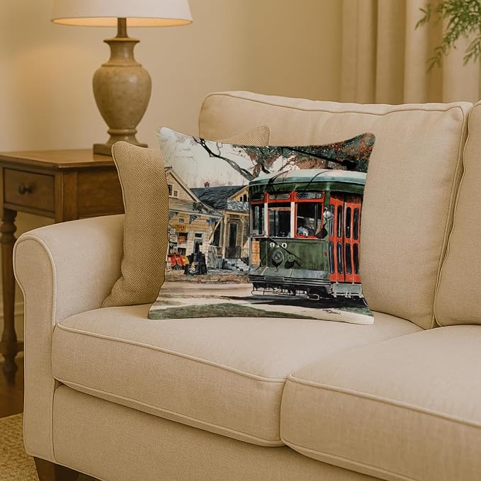 Caroline's Treasures 8108PW1414 New Orleans Street Car Fabric Decorative Pillow Machine Washable, Indoor Outdoor Decorative Pillow for Couch, Bed or Patio, 14Hx14W